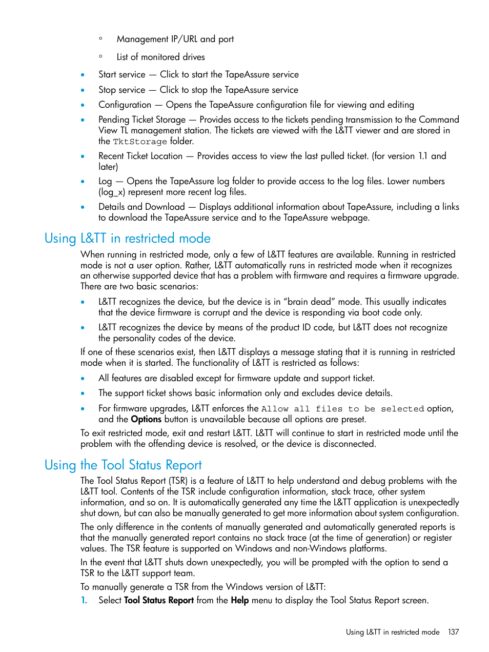 Using l&tt in restricted mode, Using the tool status report | HP Library and Tape Tools User Manual | Page 137 / 182