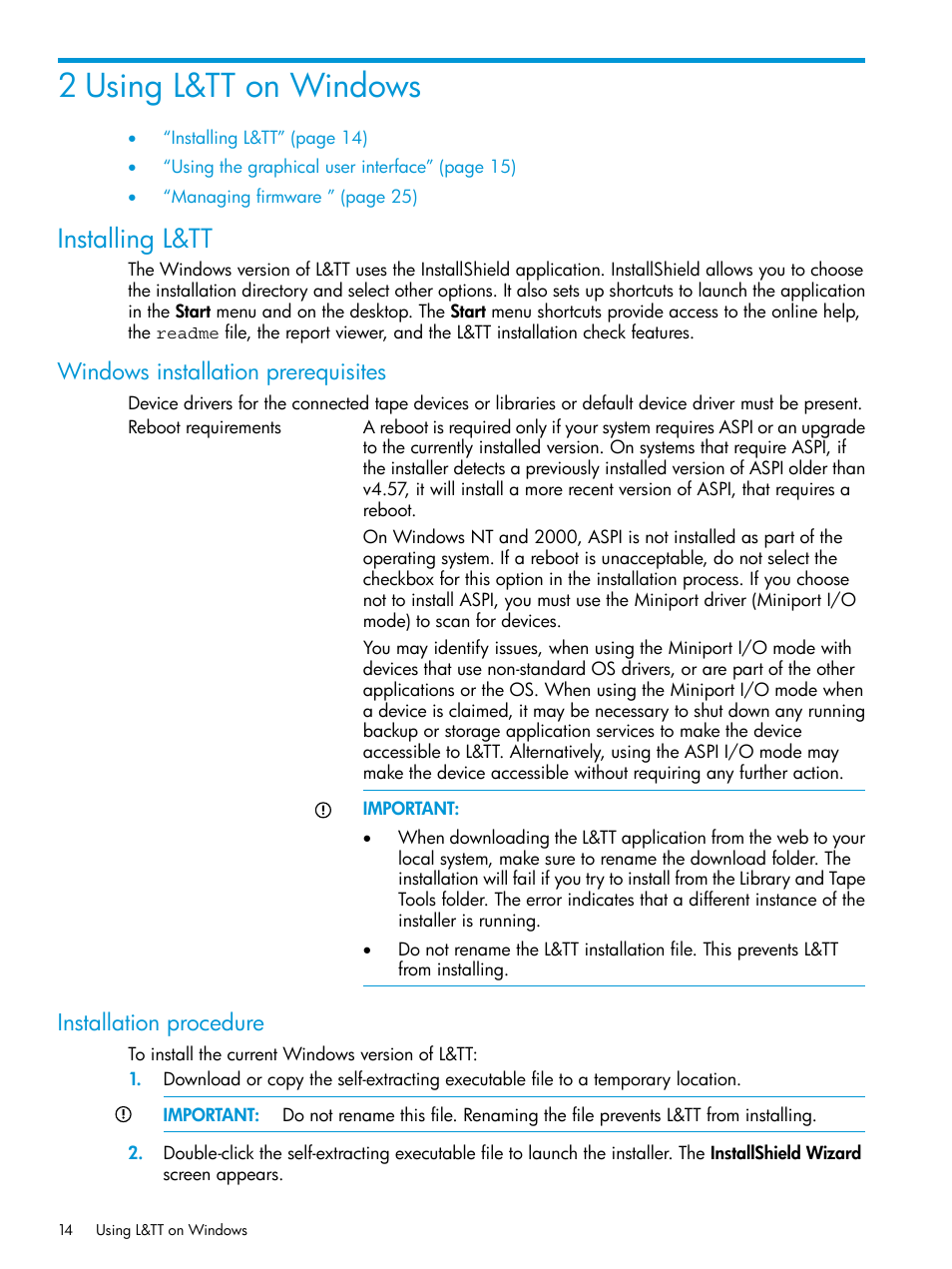 2 using l&tt on windows, Installing l&tt, Windows installation prerequisites | Installation procedure | HP Library and Tape Tools User Manual | Page 14 / 182