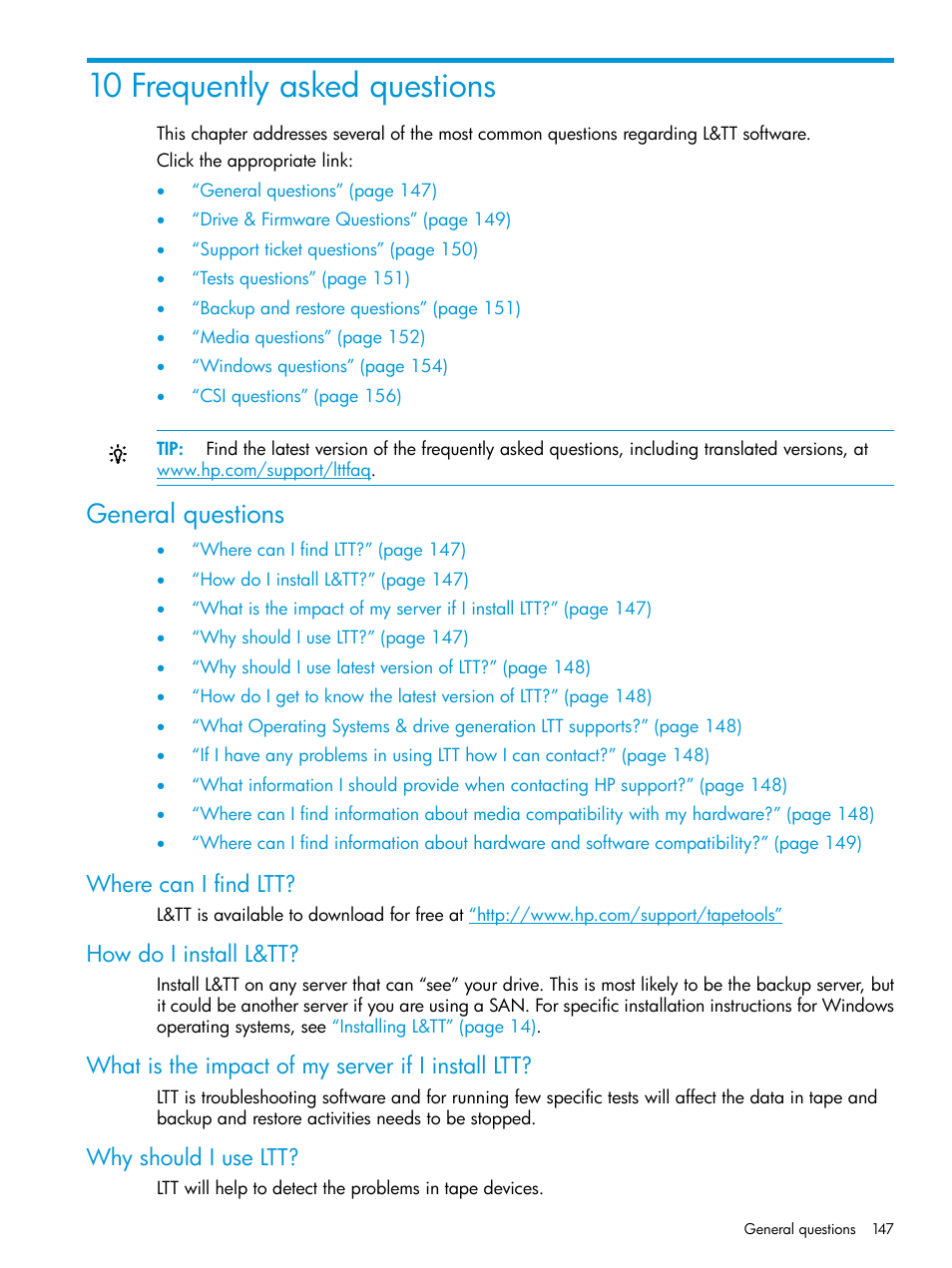 10 frequently asked questions, General questions, Where can i find ltt | How do i install l&tt, What is the impact of my server if i install ltt, Why should i use ltt | HP Library and Tape Tools User Manual | Page 147 / 182