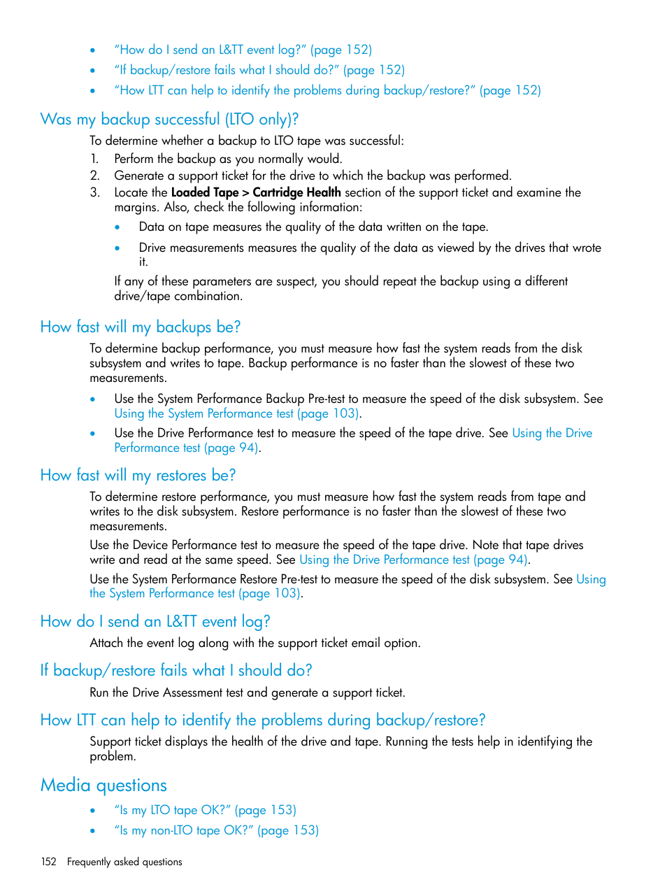 Was my backup successful (lto only), How fast will my backups be, How fast will my restores be | How do i send an l&tt event log, If backup/restore fails what i should do, Media questions | HP Library and Tape Tools User Manual | Page 152 / 182