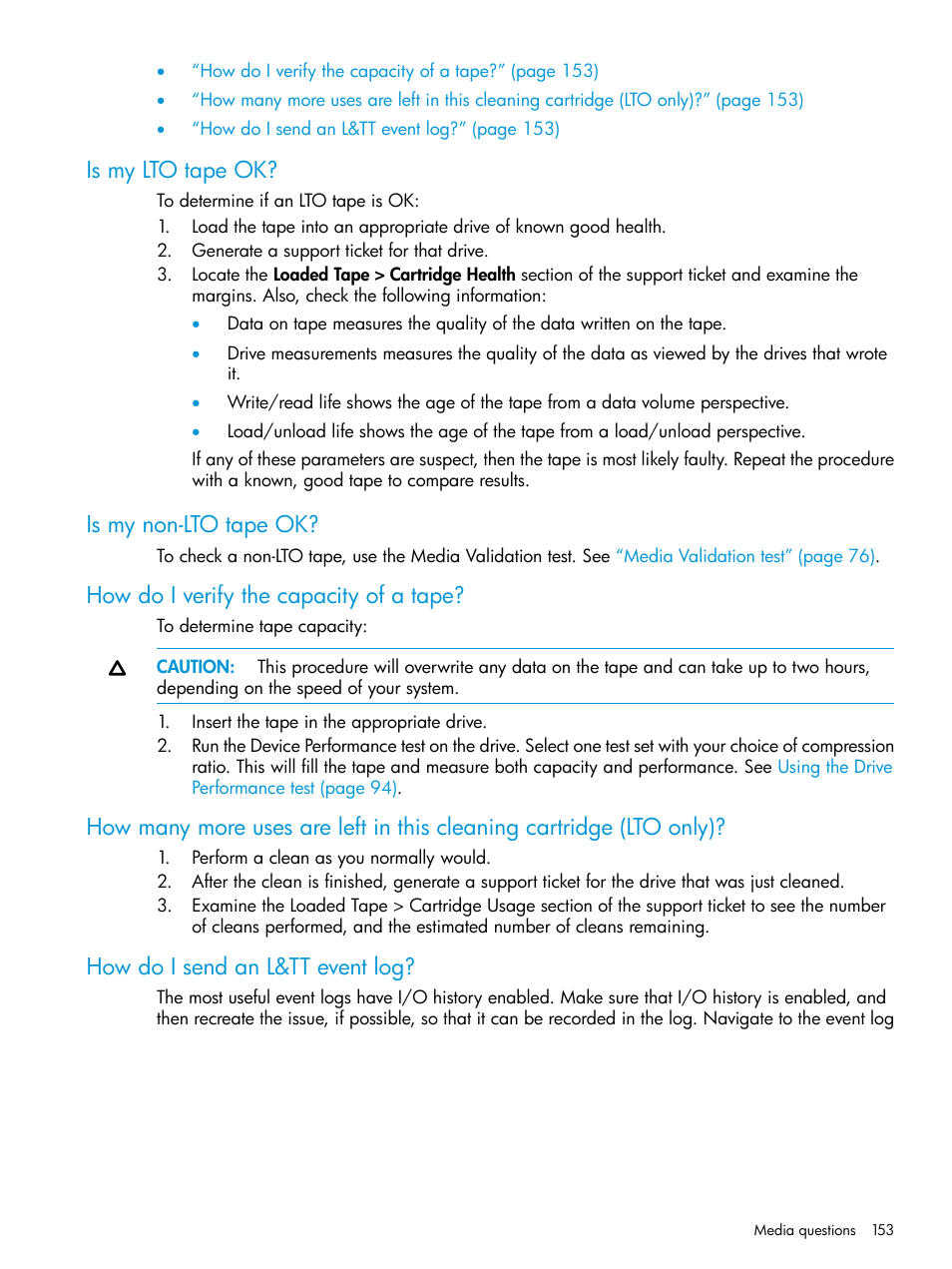 Is my lto tape ok, Is my non-lto tape ok, How do i verify the capacity of a tape | How do i send an l&tt event log | HP Library and Tape Tools User Manual | Page 153 / 182