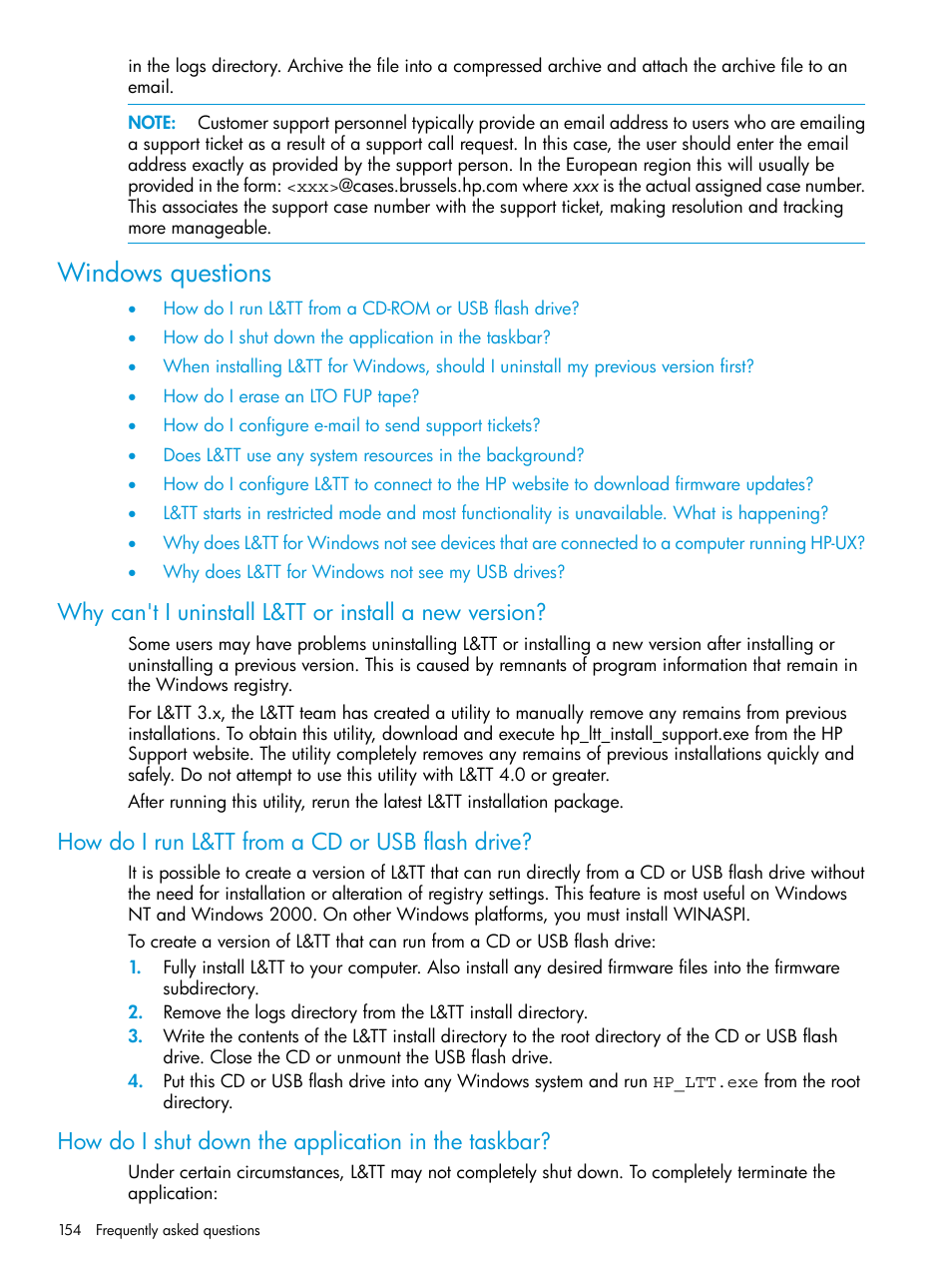 Windows questions, How do i run l&tt from a cd or usb flash drive, How do i shut down the application in the taskbar | HP Library and Tape Tools User Manual | Page 154 / 182