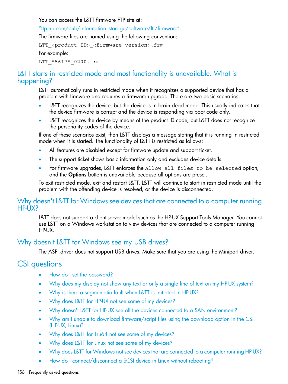 Why doesn't l&tt for windows see my usb drives, Csi questions, Why does l&tt for windows not see my usb drives | HP Library and Tape Tools User Manual | Page 156 / 182