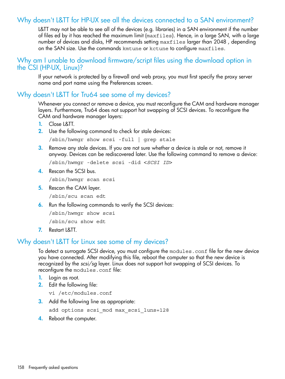 Why doesn't l&tt for tru64 see some of my devices, Why doesn't l&tt for linux see some of my devices, Why does l&tt for tru64 not see some of my devices | Why does l&tt for linux not see some of my devices | HP Library and Tape Tools User Manual | Page 158 / 182