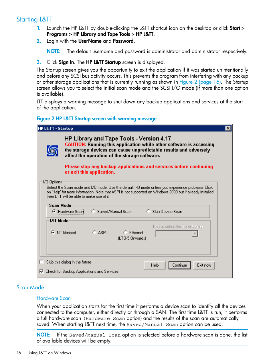 Starting l&tt, Scan mode, Hardware scan | HP Library and Tape Tools User Manual | Page 16 / 182