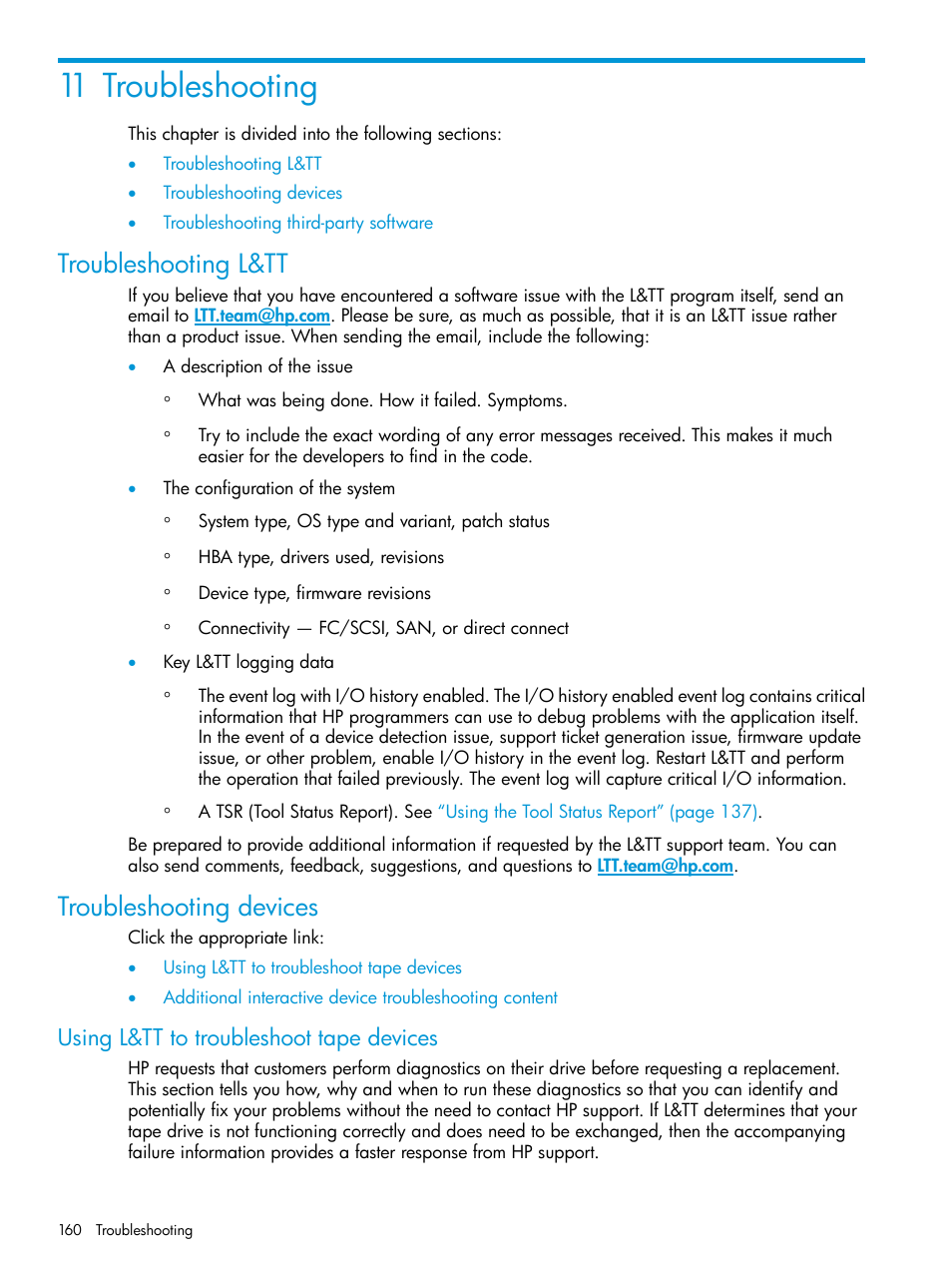 11 troubleshooting, Troubleshooting l&tt, Troubleshooting devices | Using l&tt to troubleshoot tape devices, Troubleshooting l&tt troubleshooting devices | HP Library and Tape Tools User Manual | Page 160 / 182