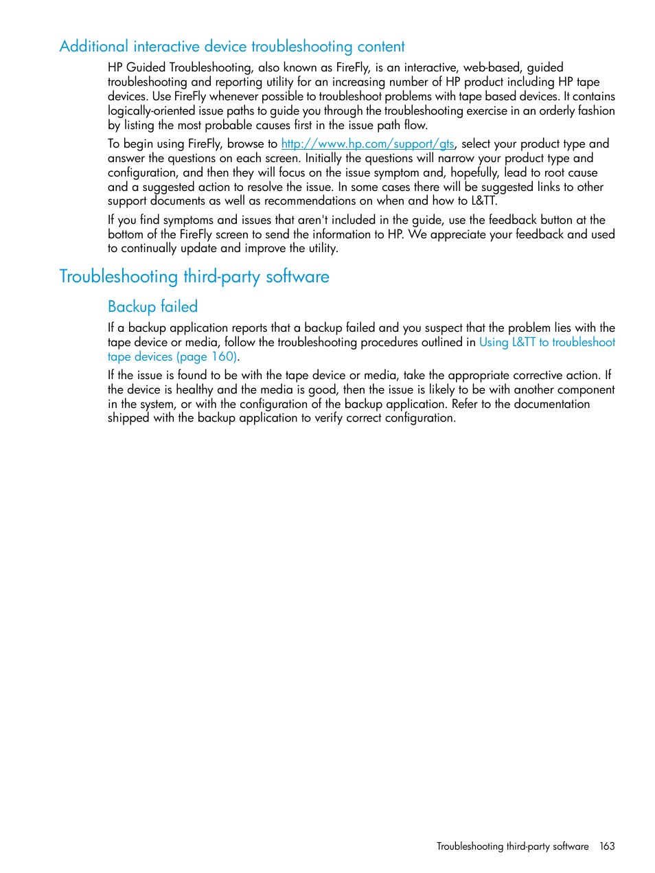 Troubleshooting third-party software, Backup failed | HP Library and Tape Tools User Manual | Page 163 / 182