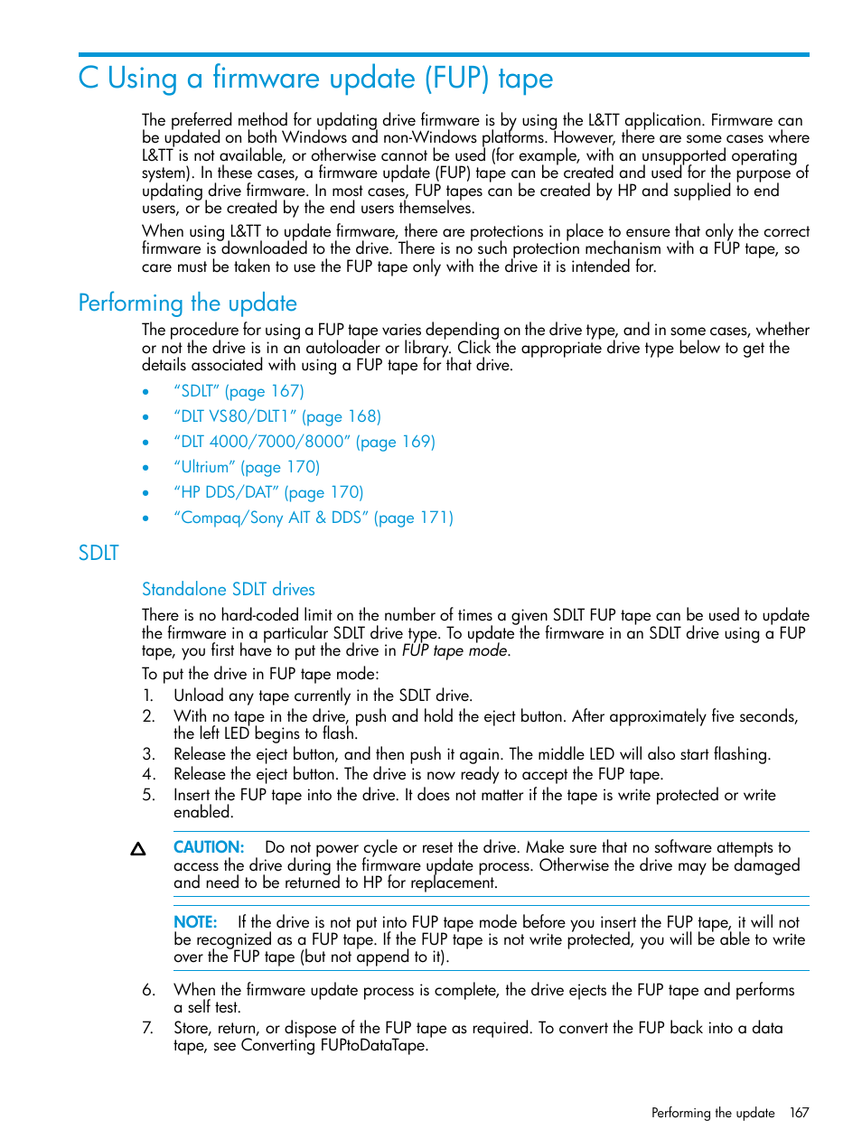 C using a firmware update (fup) tape, Performing the update, Sdlt | HP Library and Tape Tools User Manual | Page 167 / 182