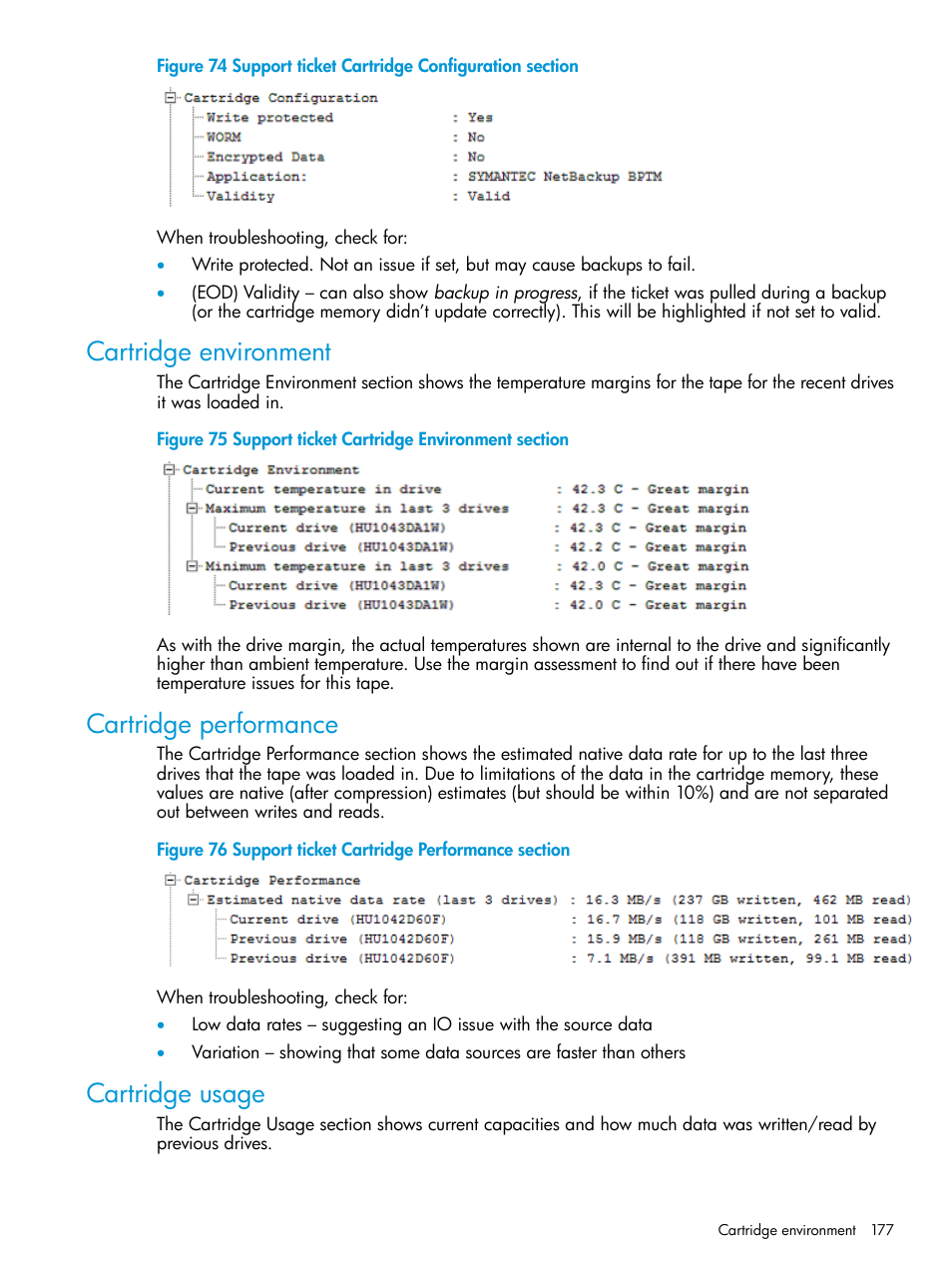 Cartridge environment, Cartridge performance, Cartridge usage | HP Library and Tape Tools User Manual | Page 177 / 182