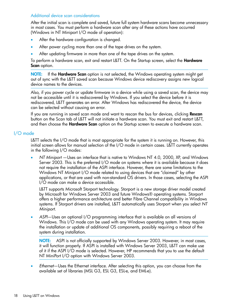 Additional device scan considerations, I/o mode | HP Library and Tape Tools User Manual | Page 18 / 182