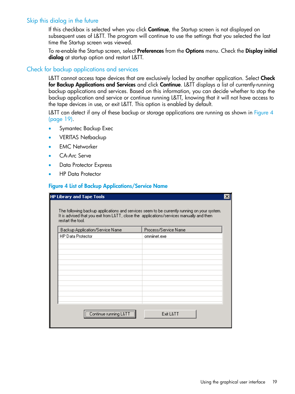 Skip this dialog in the future, Check for backup applications and services | HP Library and Tape Tools User Manual | Page 19 / 182