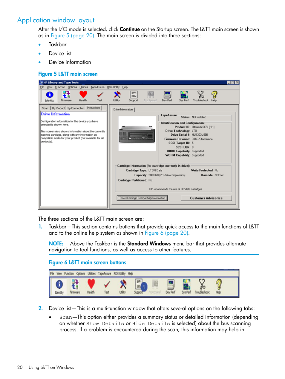 Application window layout | HP Library and Tape Tools User Manual | Page 20 / 182