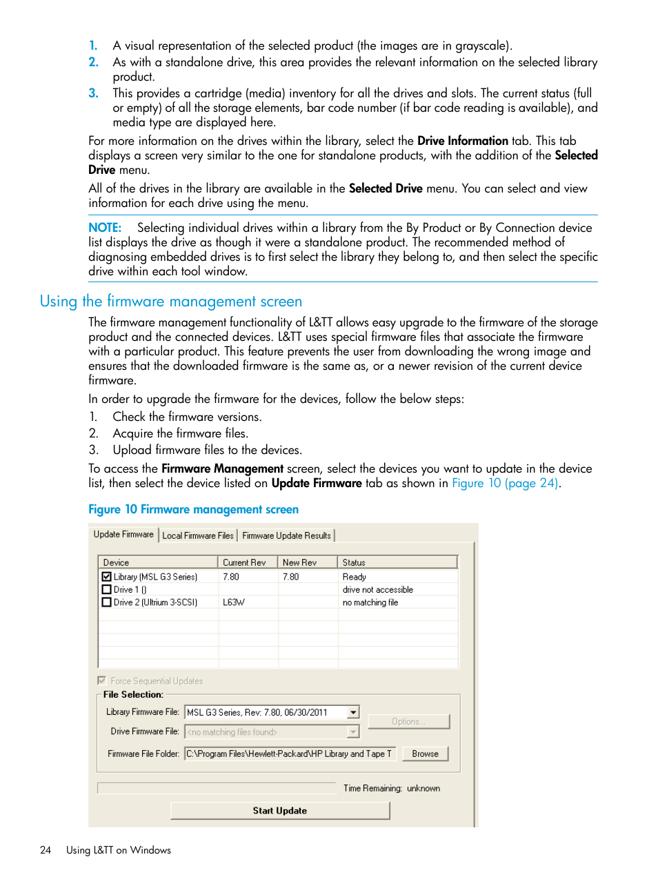 Using the firmware management screen | HP Library and Tape Tools User Manual | Page 24 / 182