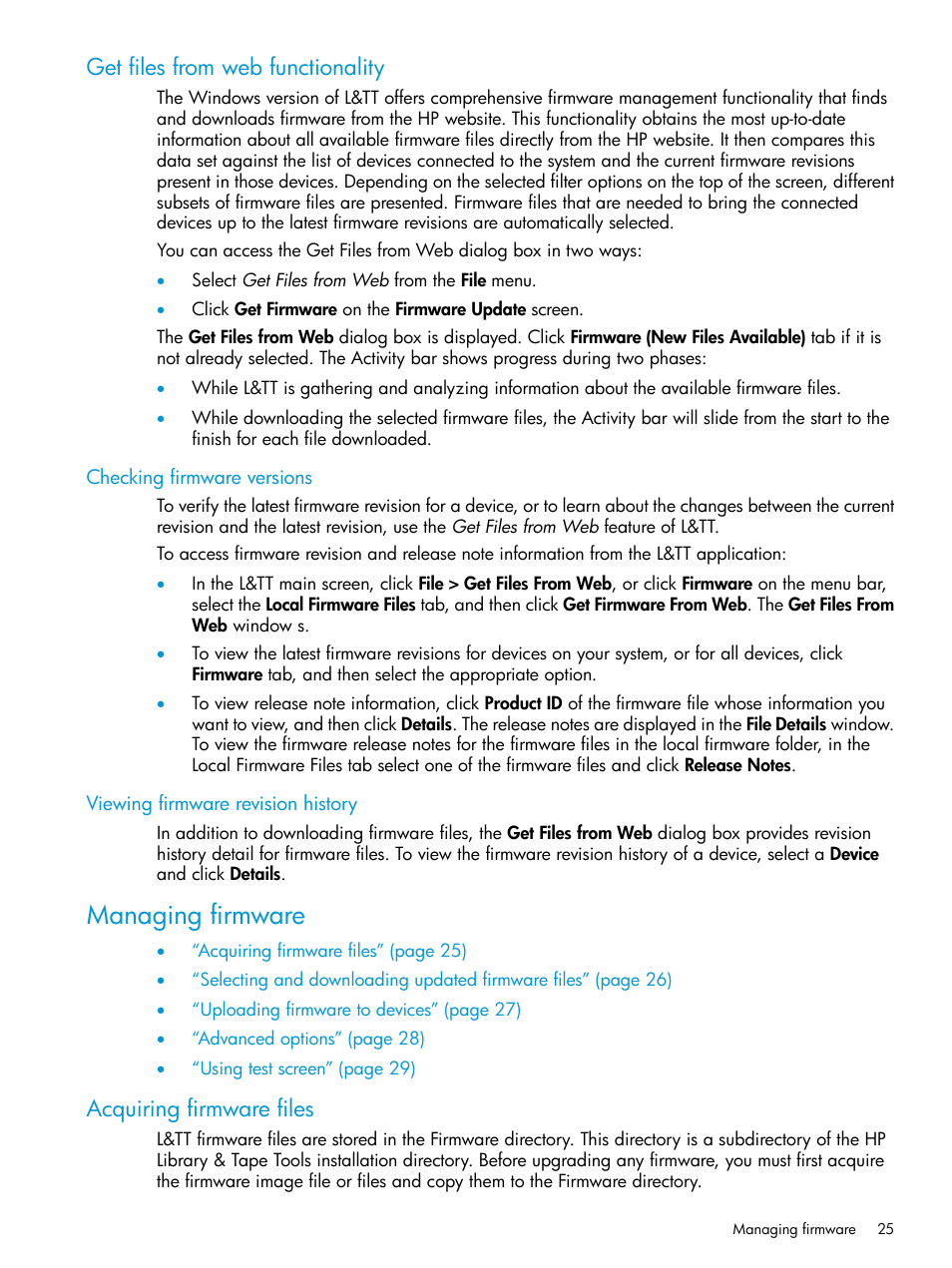 Get files from web functionality, Checking firmware versions, Viewing firmware revision history | Managing firmware, Acquiring firmware files | HP Library and Tape Tools User Manual | Page 25 / 182