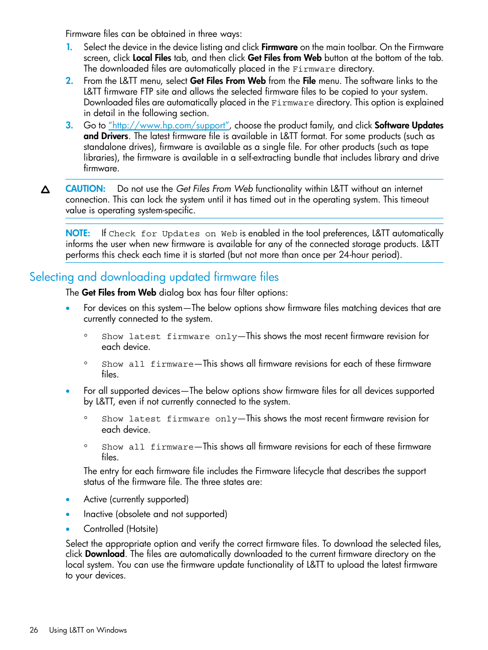 Selecting and downloading updated firmware files | HP Library and Tape Tools User Manual | Page 26 / 182