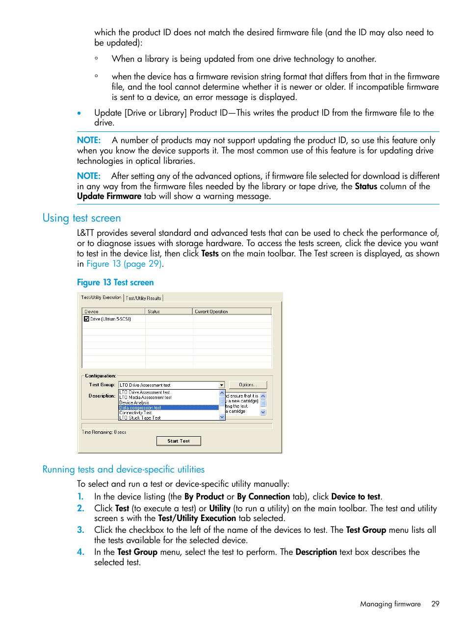 Using test screen, Running tests and device-specific utilities | HP Library and Tape Tools User Manual | Page 29 / 182