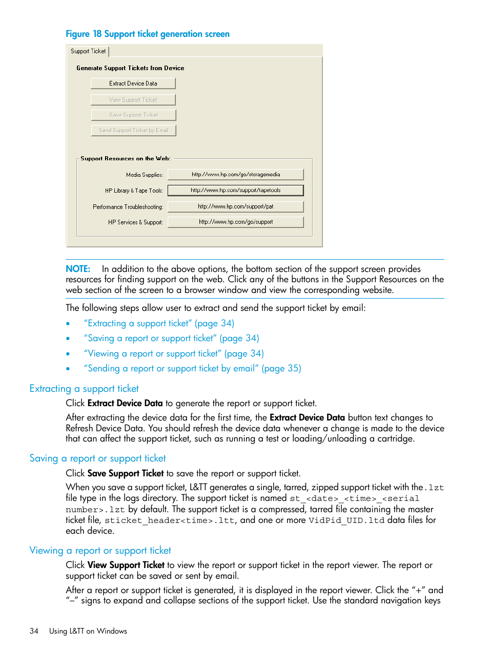 Extracting a support ticket, Saving a report or support ticket, Viewing a report or support ticket | HP Library and Tape Tools User Manual | Page 34 / 182