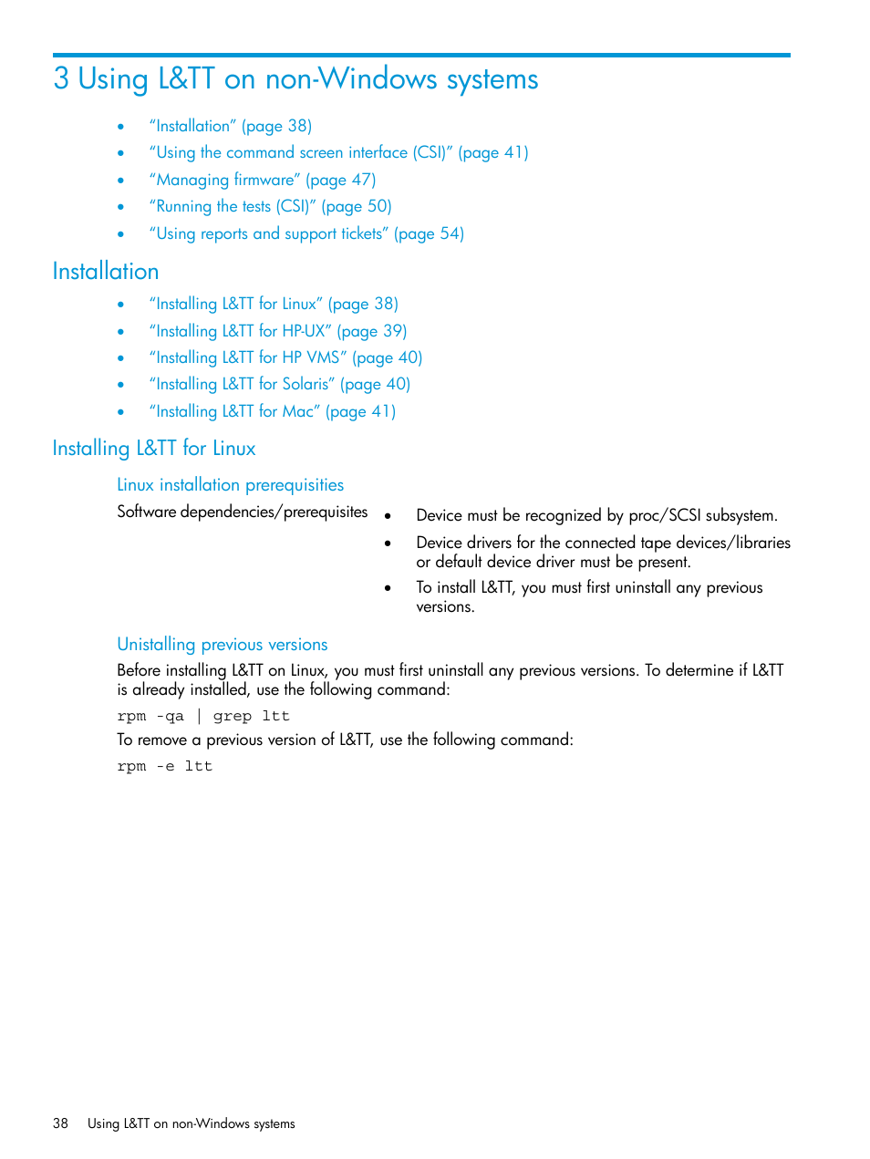 3 using l&tt on non-windows systems, Installation, Installing l&tt for linux | HP Library and Tape Tools User Manual | Page 38 / 182