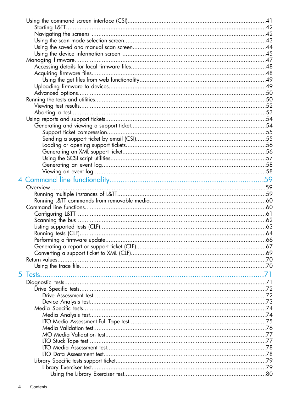 4 command line functionality, 5 tests | HP Library and Tape Tools User Manual | Page 4 / 182