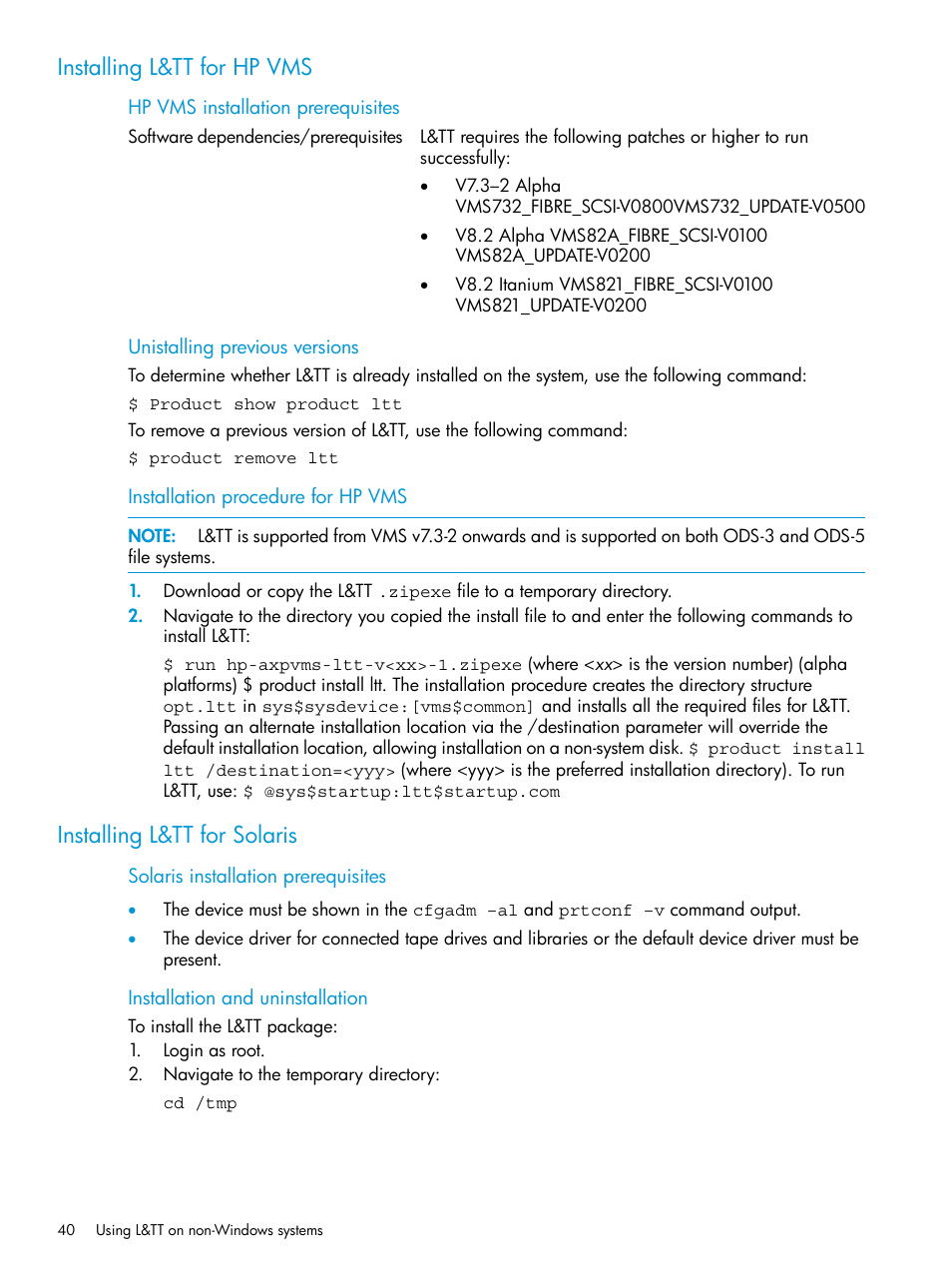 Installing l&tt for hp vms, Installing l&tt for solaris | HP Library and Tape Tools User Manual | Page 40 / 182