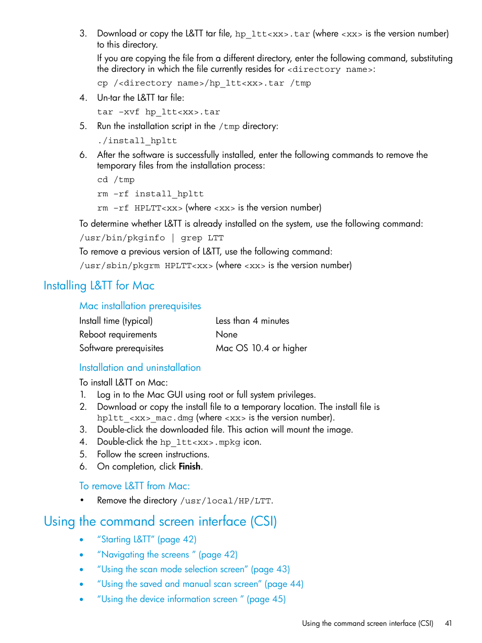 Installing l&tt for mac, Using the command screen interface (csi) | HP Library and Tape Tools User Manual | Page 41 / 182