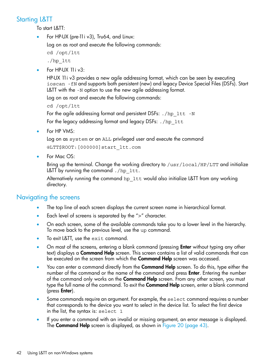 Starting l&tt, Navigating the screens, Starting l&tt navigating the screens | HP Library and Tape Tools User Manual | Page 42 / 182