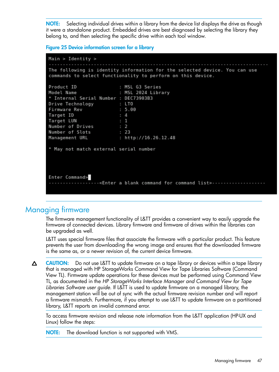 Managing firmware | HP Library and Tape Tools User Manual | Page 47 / 182