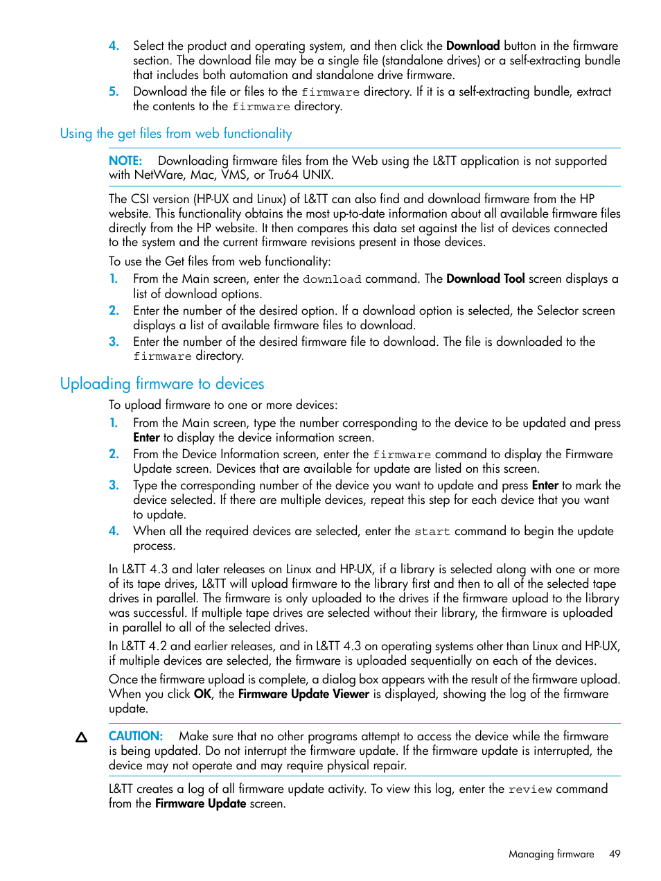 Using the get files from web functionality, Uploading firmware to devices | HP Library and Tape Tools User Manual | Page 49 / 182