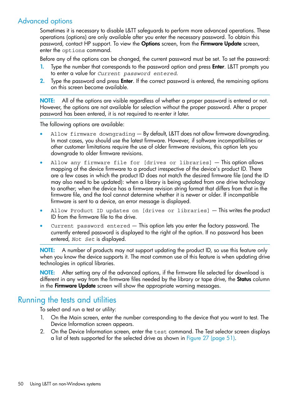 Advanced options, Running the tests and utilities | HP Library and Tape Tools User Manual | Page 50 / 182