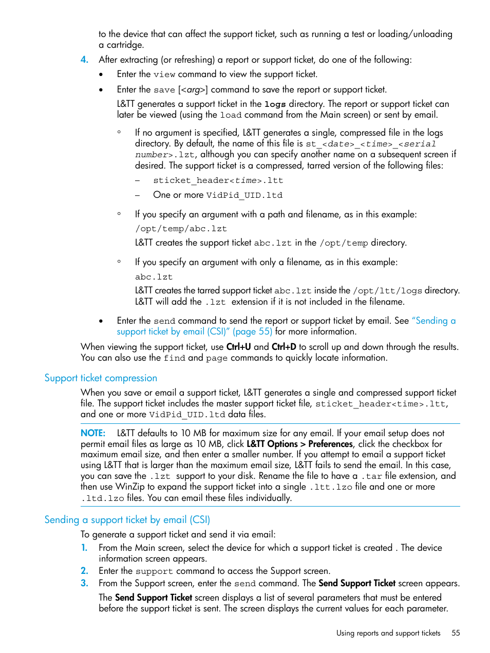 Support ticket compression, Sending a support ticket by email (csi) | HP Library and Tape Tools User Manual | Page 55 / 182