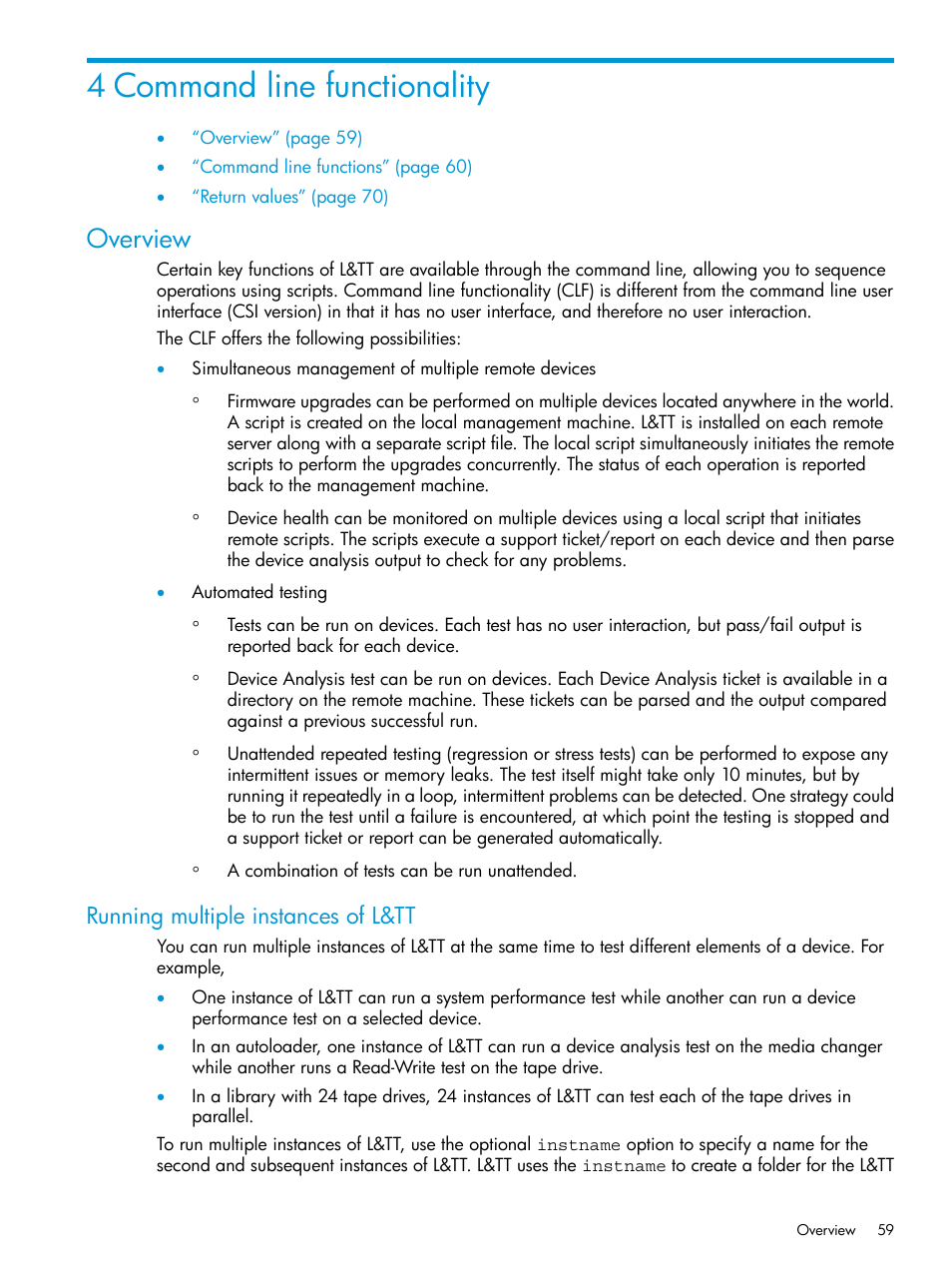 4 command line functionality, Overview, Running multiple instances of l&tt | HP Library and Tape Tools User Manual | Page 59 / 182