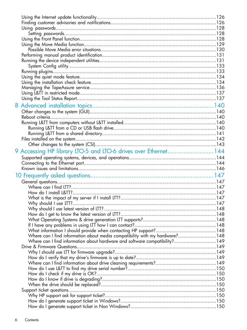 8 advanced installation topics, 10 frequently asked questions | HP Library and Tape Tools User Manual | Page 6 / 182