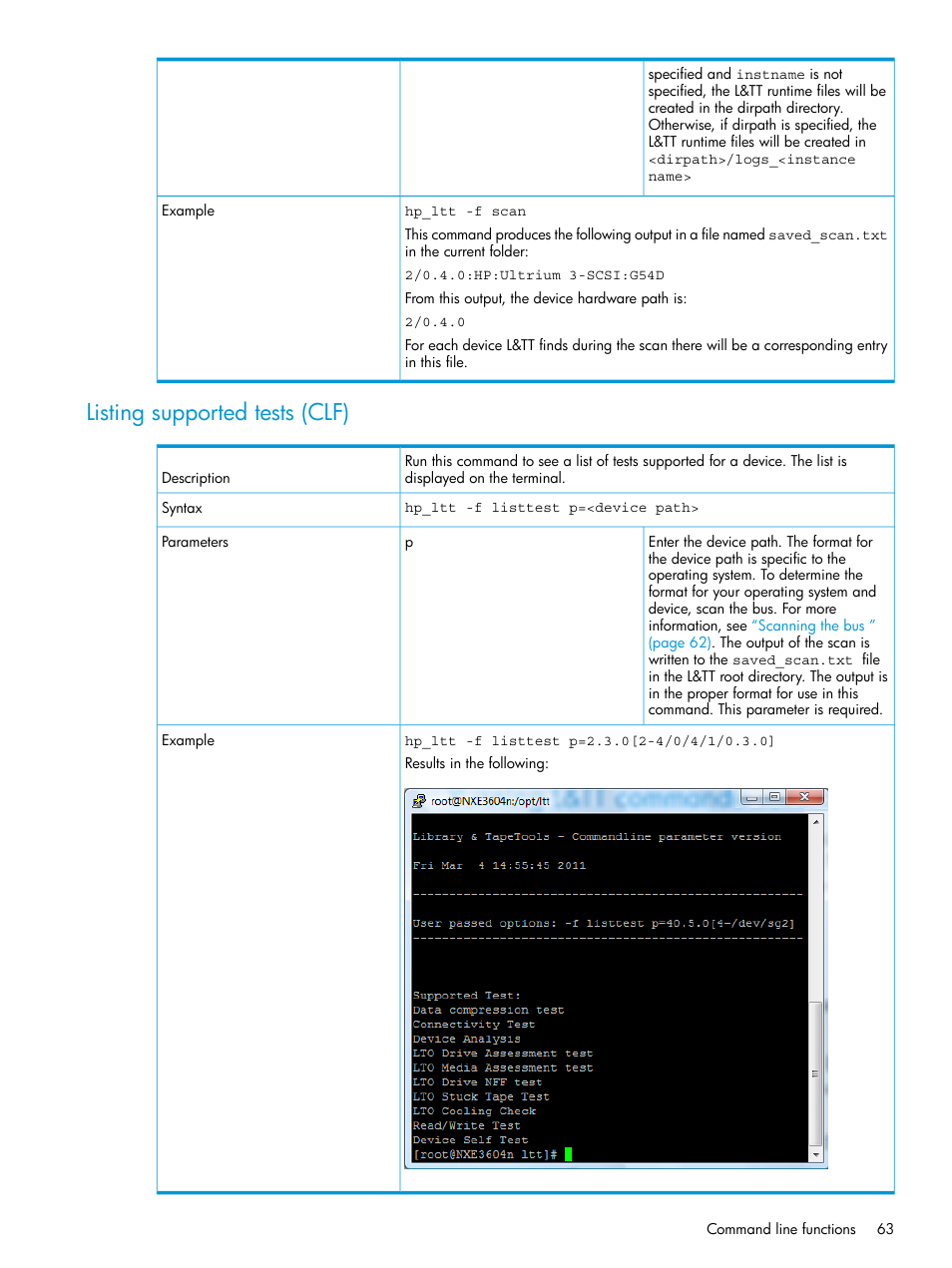 Listing supported tests (clf) | HP Library and Tape Tools User Manual | Page 63 / 182