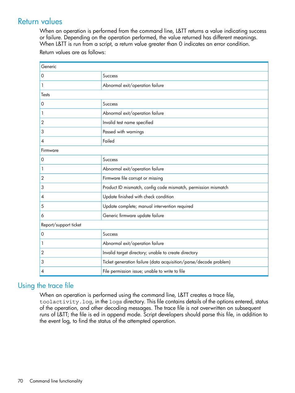 Return values, Using the trace file | HP Library and Tape Tools User Manual | Page 70 / 182