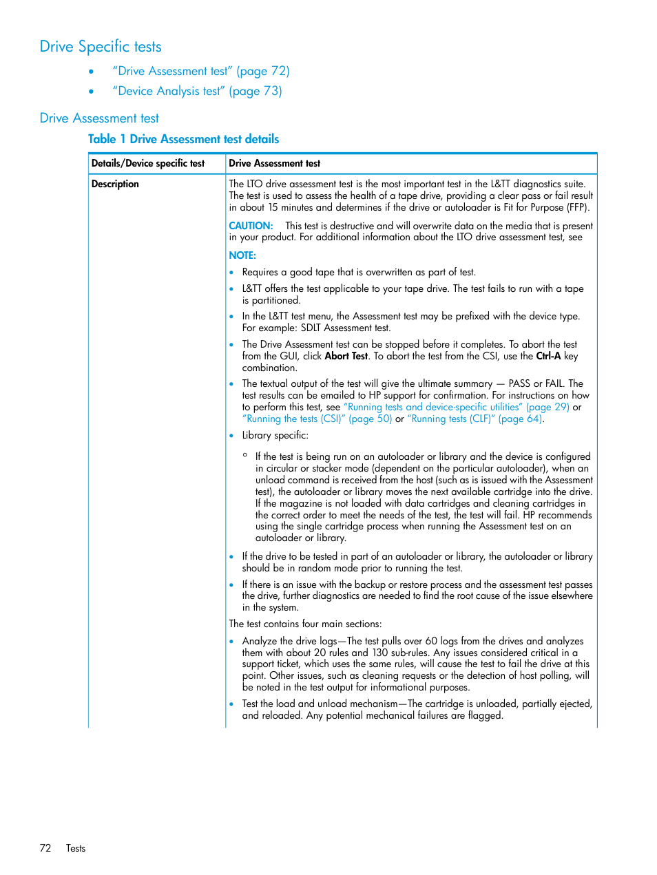 Drive specific tests, Drive assessment test | HP Library and Tape Tools User Manual | Page 72 / 182