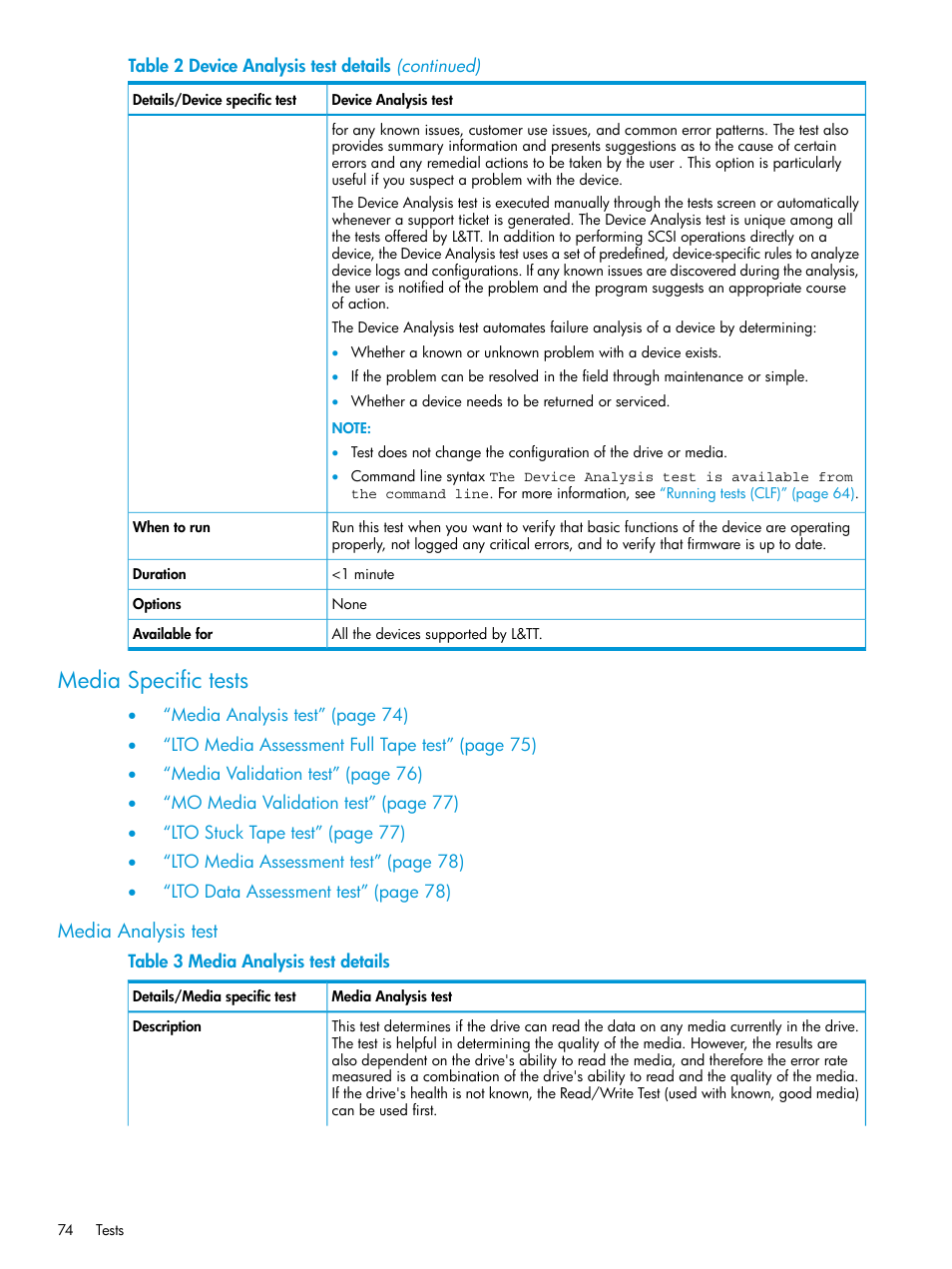 Media specific tests, Media analysis test | HP Library and Tape Tools User Manual | Page 74 / 182