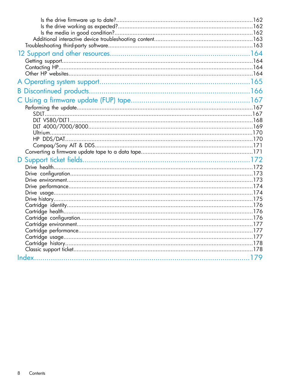 12 support and other resources, D support ticket fields, Index | HP Library and Tape Tools User Manual | Page 8 / 182