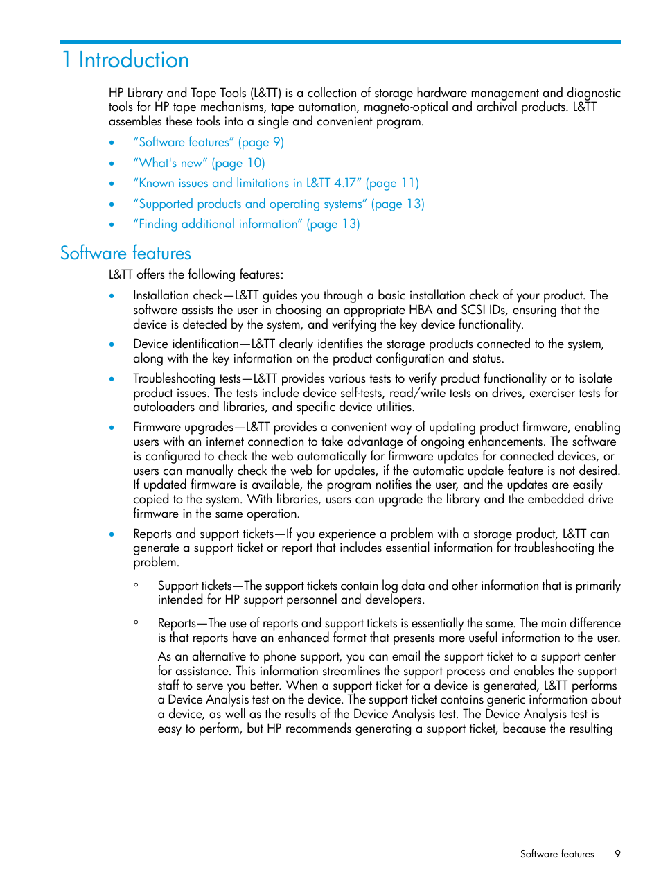 1 introduction, Software features | HP Library and Tape Tools User Manual | Page 9 / 182