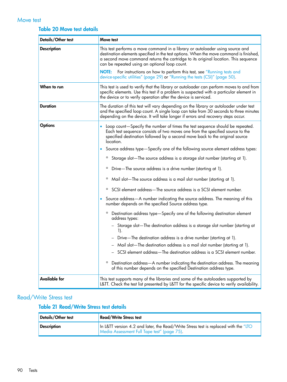 Move test, Read/write stress test, Move test read/write stress test | HP Library and Tape Tools User Manual | Page 90 / 182