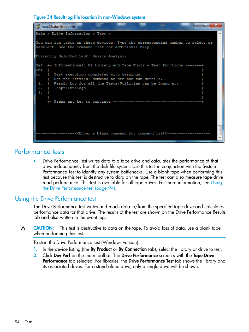 Performance tests, Using the drive performance test | HP Library and Tape Tools User Manual | Page 94 / 182