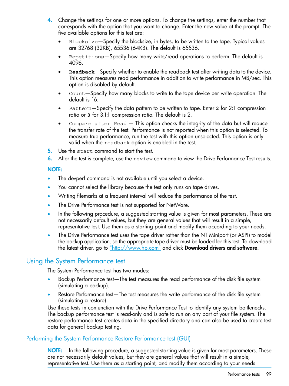 Using the system performance test | HP Library and Tape Tools User Manual | Page 99 / 182