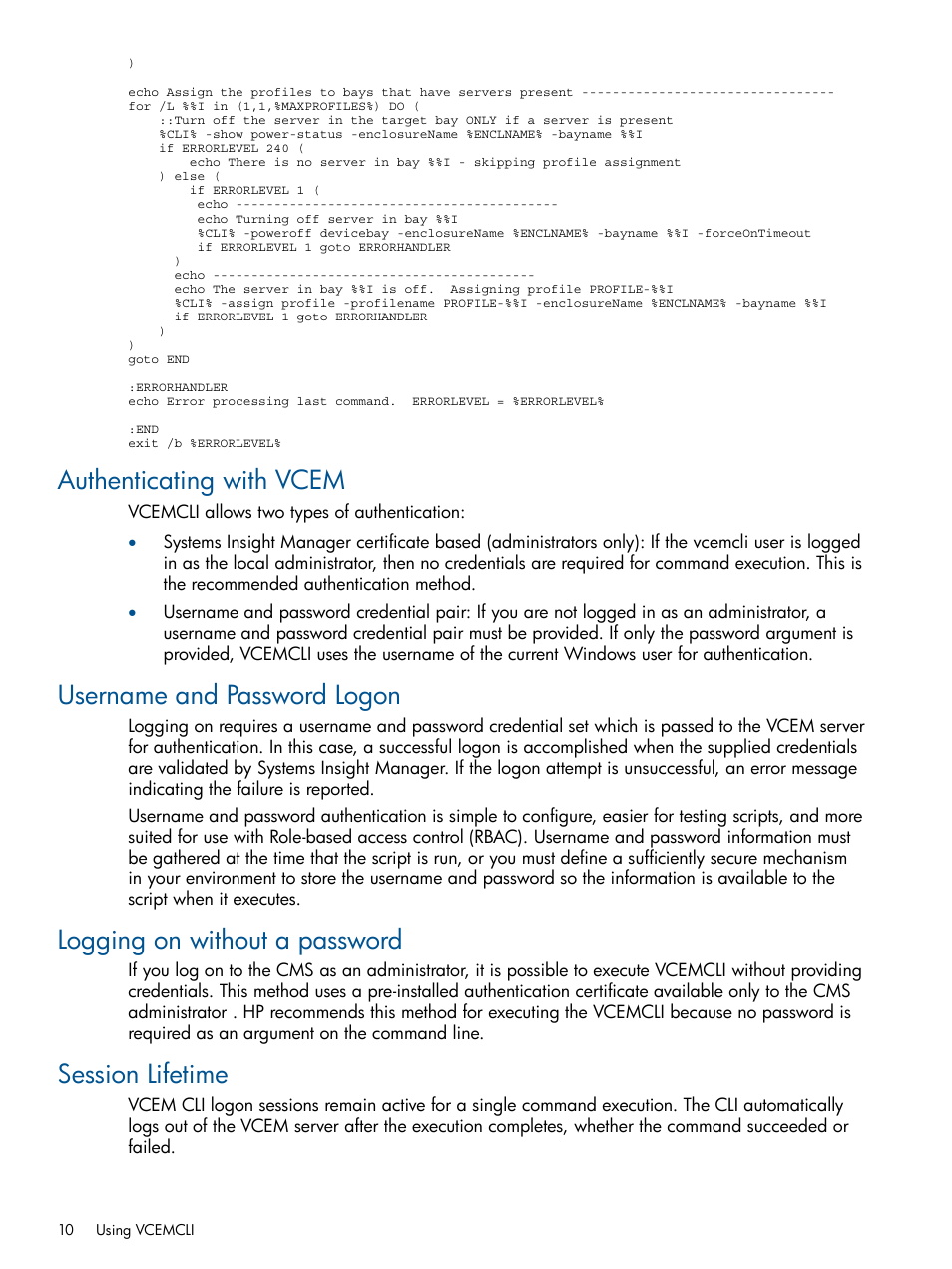 Authenticating with vcem, Username and password logon, Logging on without a password | Session lifetime | HP Insight Management-Software User Manual | Page 10 / 96