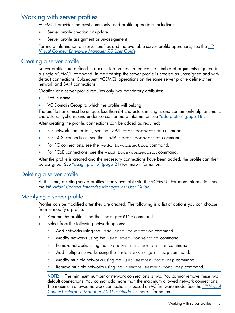 Working with server profiles, Creating a server profile, Deleting a server profile | Modifying a server profile | HP Insight Management-Software User Manual | Page 13 / 96