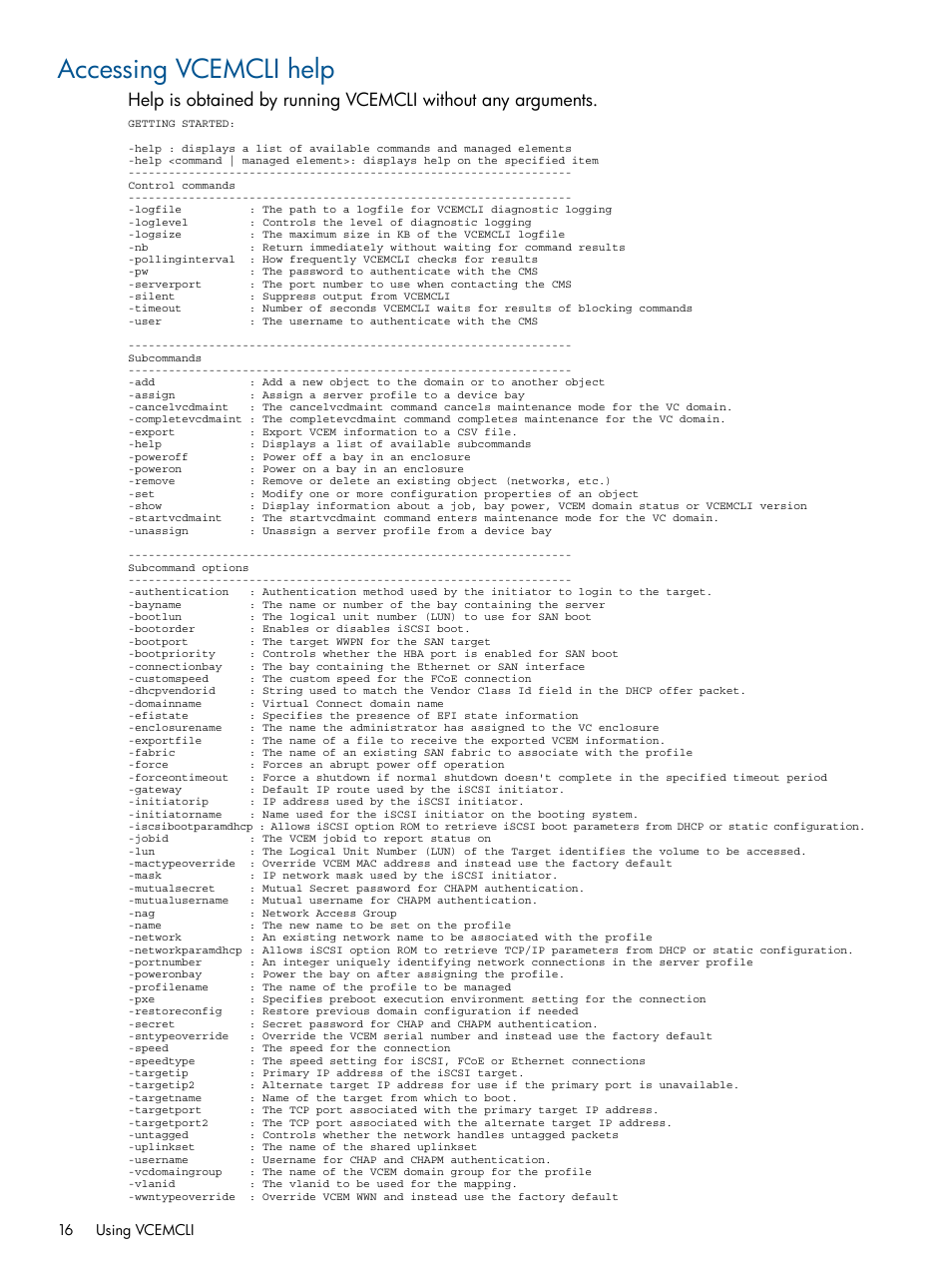 Accessing vcemcli help | HP Insight Management-Software User Manual | Page 16 / 96