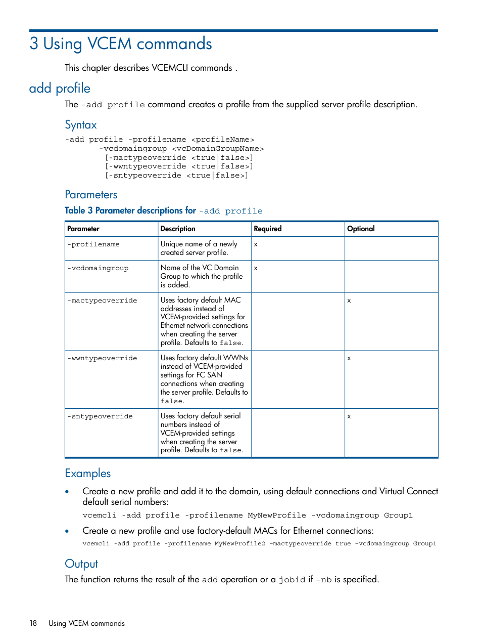 3 using vcem commands, Add profile, Syntax | Parameters, Examples, Output | HP Insight Management-Software User Manual | Page 18 / 96