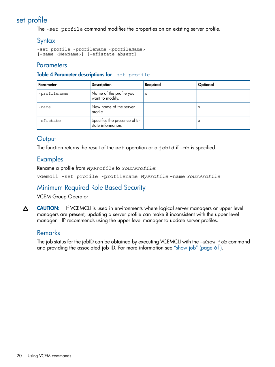 Set profile, Syntax, Parameters | Output, Examples, Minimum required role based security, Remarks | HP Insight Management-Software User Manual | Page 20 / 96