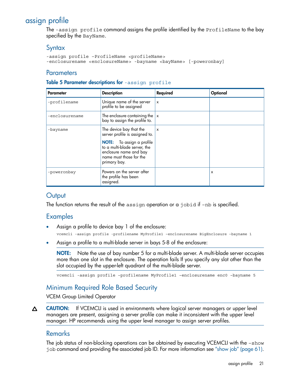 Assign profile, Syntax, Parameters | Output, Examples, Minimum required role based security, Remarks | HP Insight Management-Software User Manual | Page 21 / 96