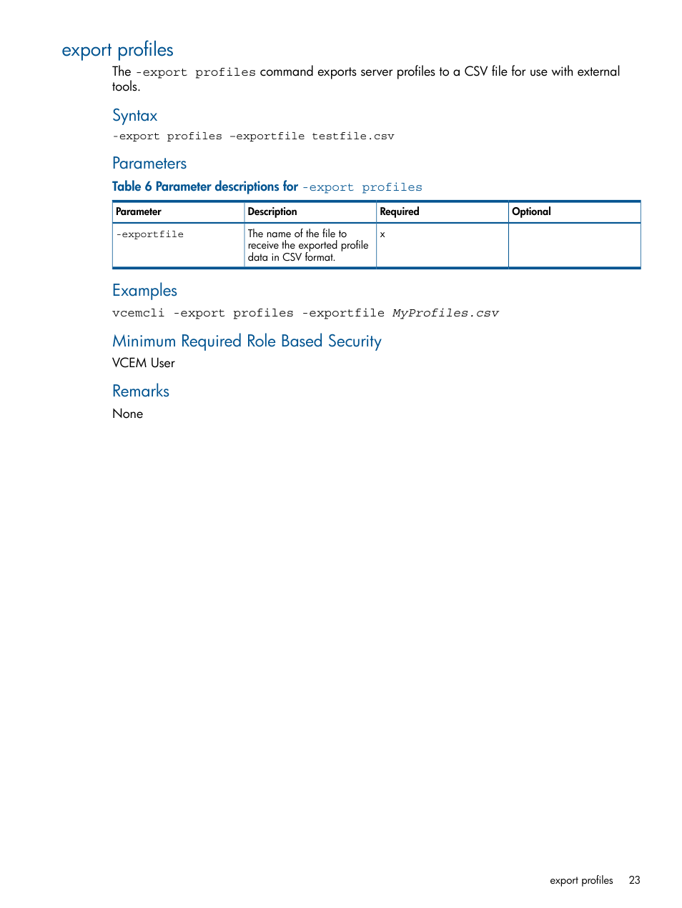 Export profiles, Syntax, Parameters | Examples, Minimum required role based security, Remarks | HP Insight Management-Software User Manual | Page 23 / 96