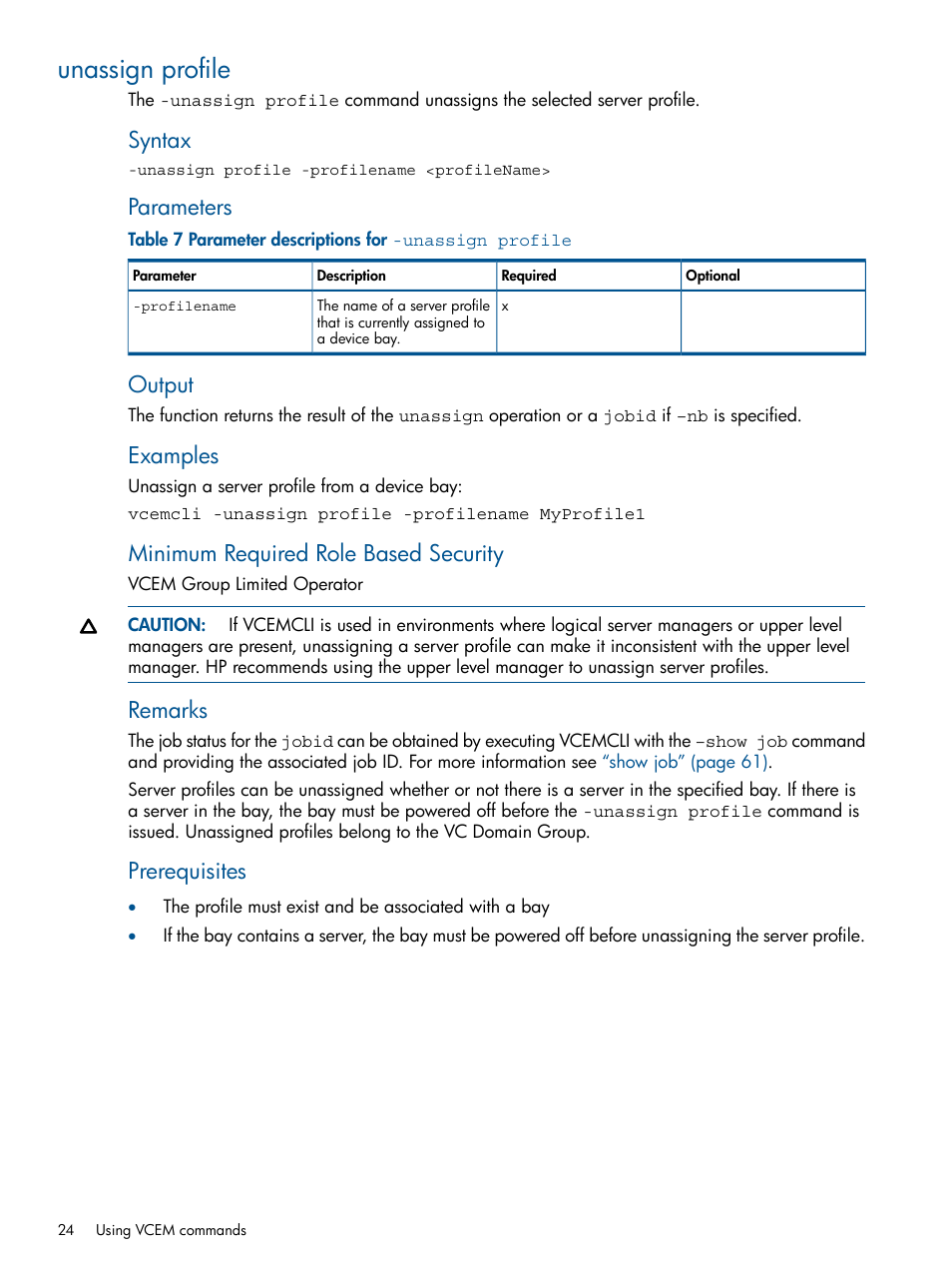 Unassign profile, Syntax, Parameters | Output, Examples, Minimum required role based security, Remarks, Prerequisites | HP Insight Management-Software User Manual | Page 24 / 96