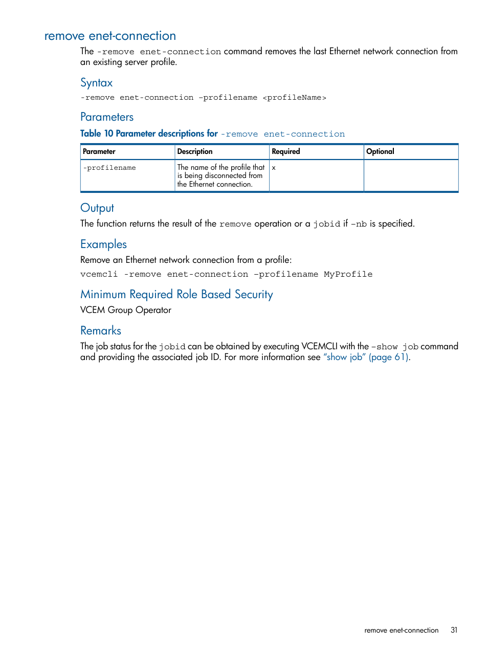 Remove enet-connection, Syntax, Parameters | Output, Examples, Minimum required role based security, Remarks | HP Insight Management-Software User Manual | Page 31 / 96